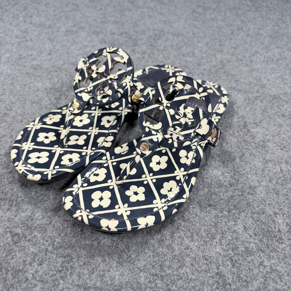 Tory Burch Miller Sandals Navy Cream Floral Lattice Patent Leather 7M 511285931